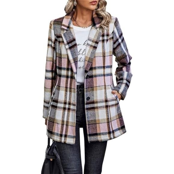 Women's 2024 Plaid Shacket Jacket Casual Button Wool Blend Winter Trench Coat - Picture 7 of 7